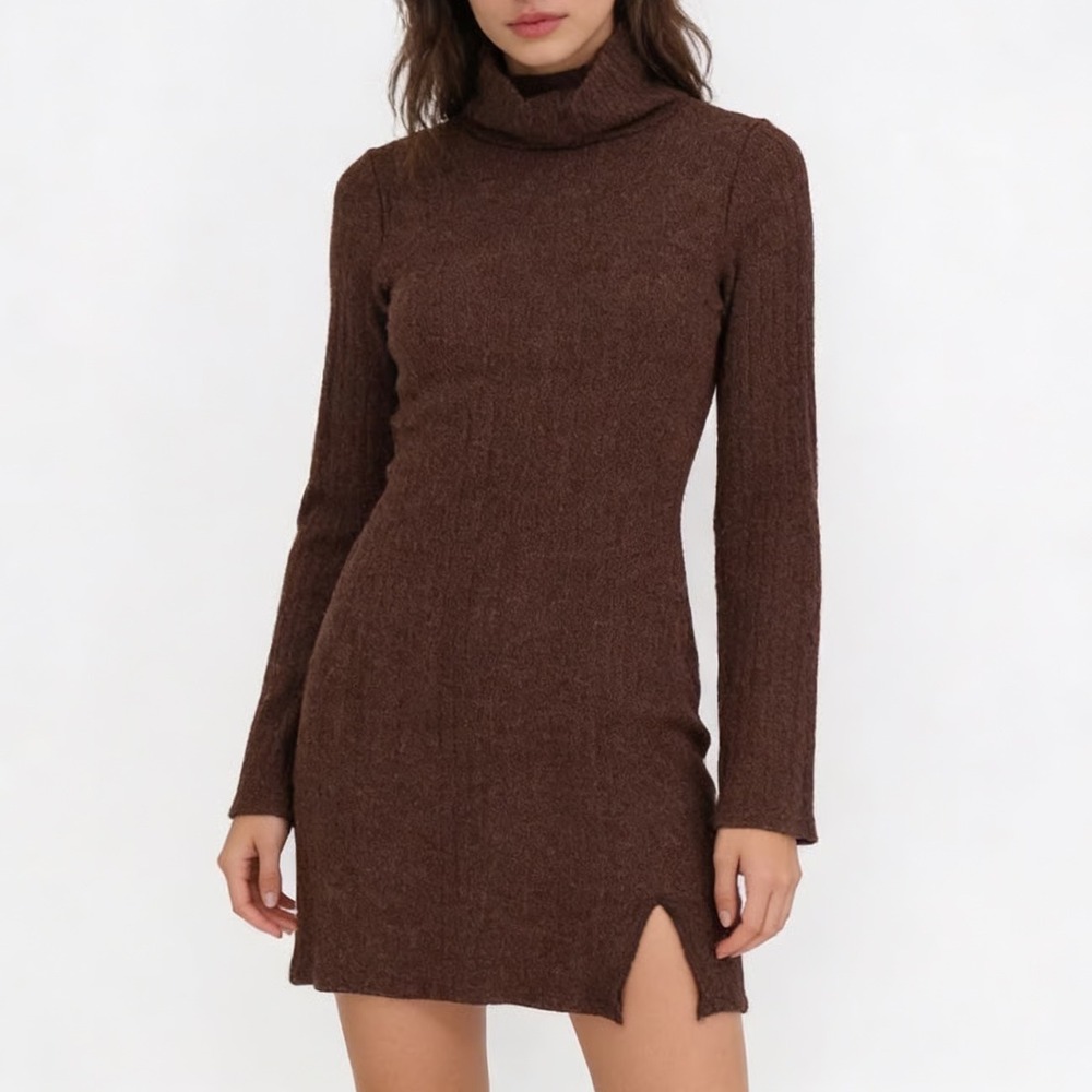 Gina Tricot Brown Turtleneck Ribbed Knit Mini Dress XS Long Bell Sleeve Slit